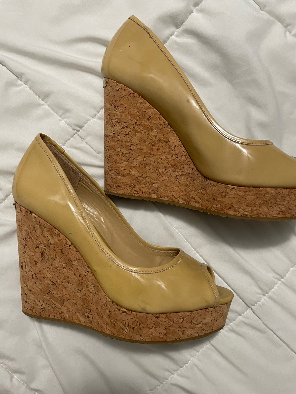 Jimmy Choo peep toe Beige Patent Cork Wedge Heels